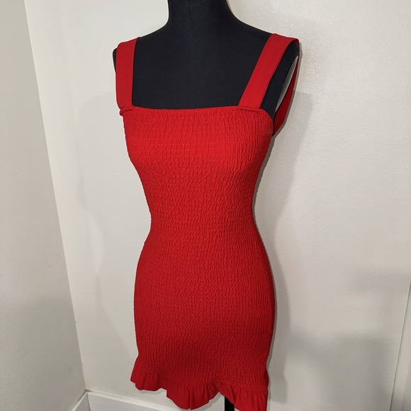 Storia Dresses & Skirts - Storia Smocked Red Linen Mini Dress Size S‎ Ruffle